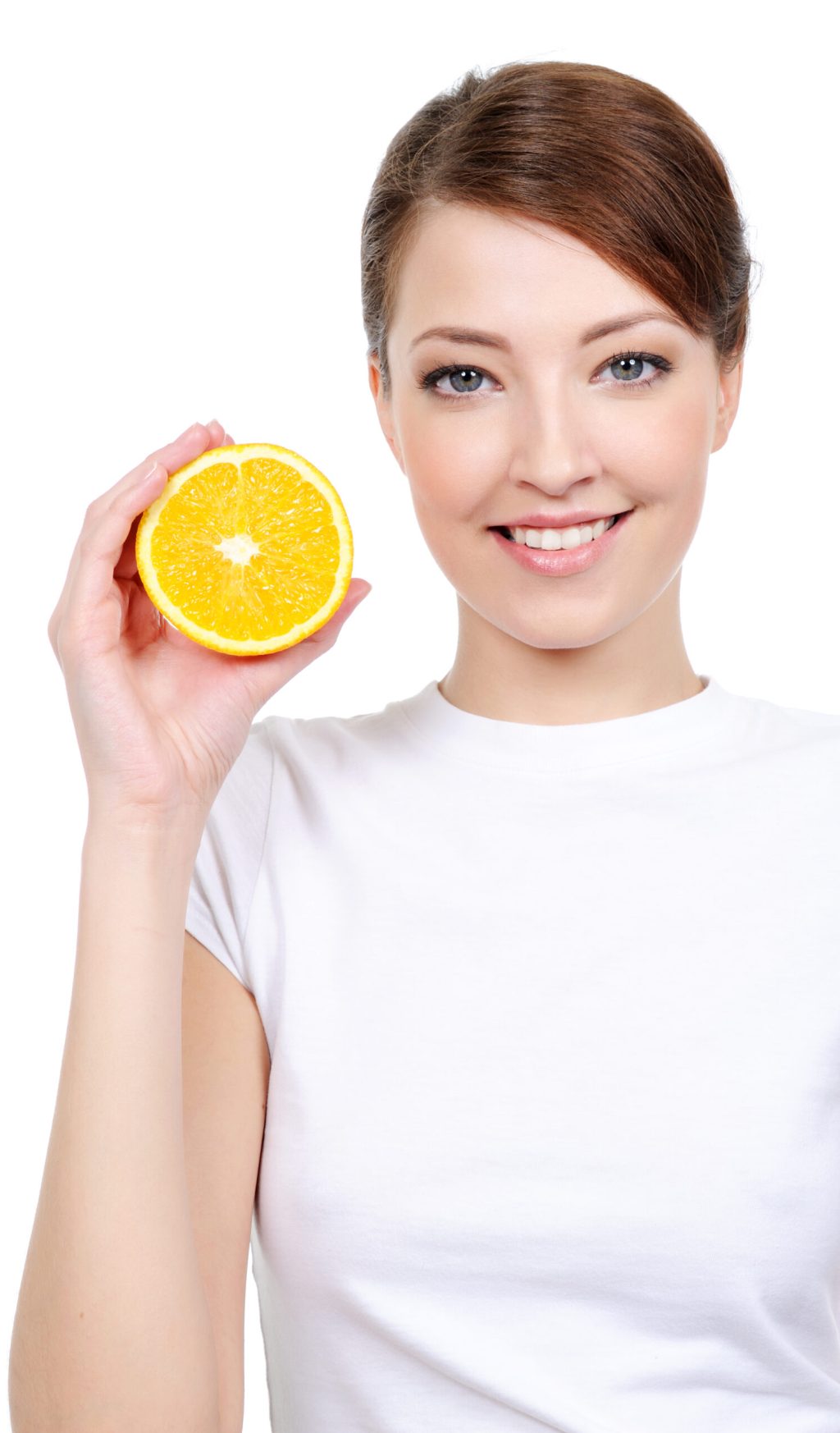 beautiful cheerful woman with fresh orange near her face